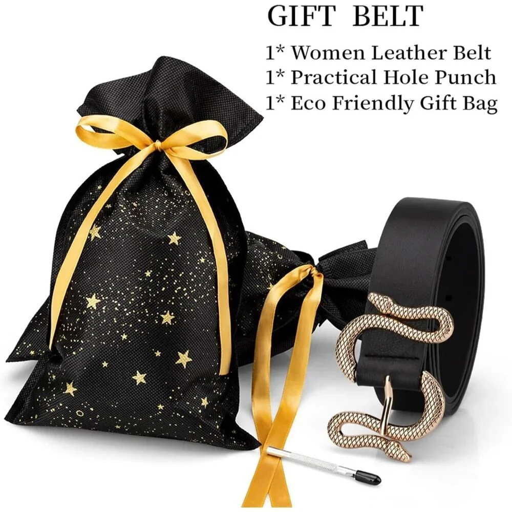Women's Black Fashion Leather Belt For Dress With Snake Shape Buckle